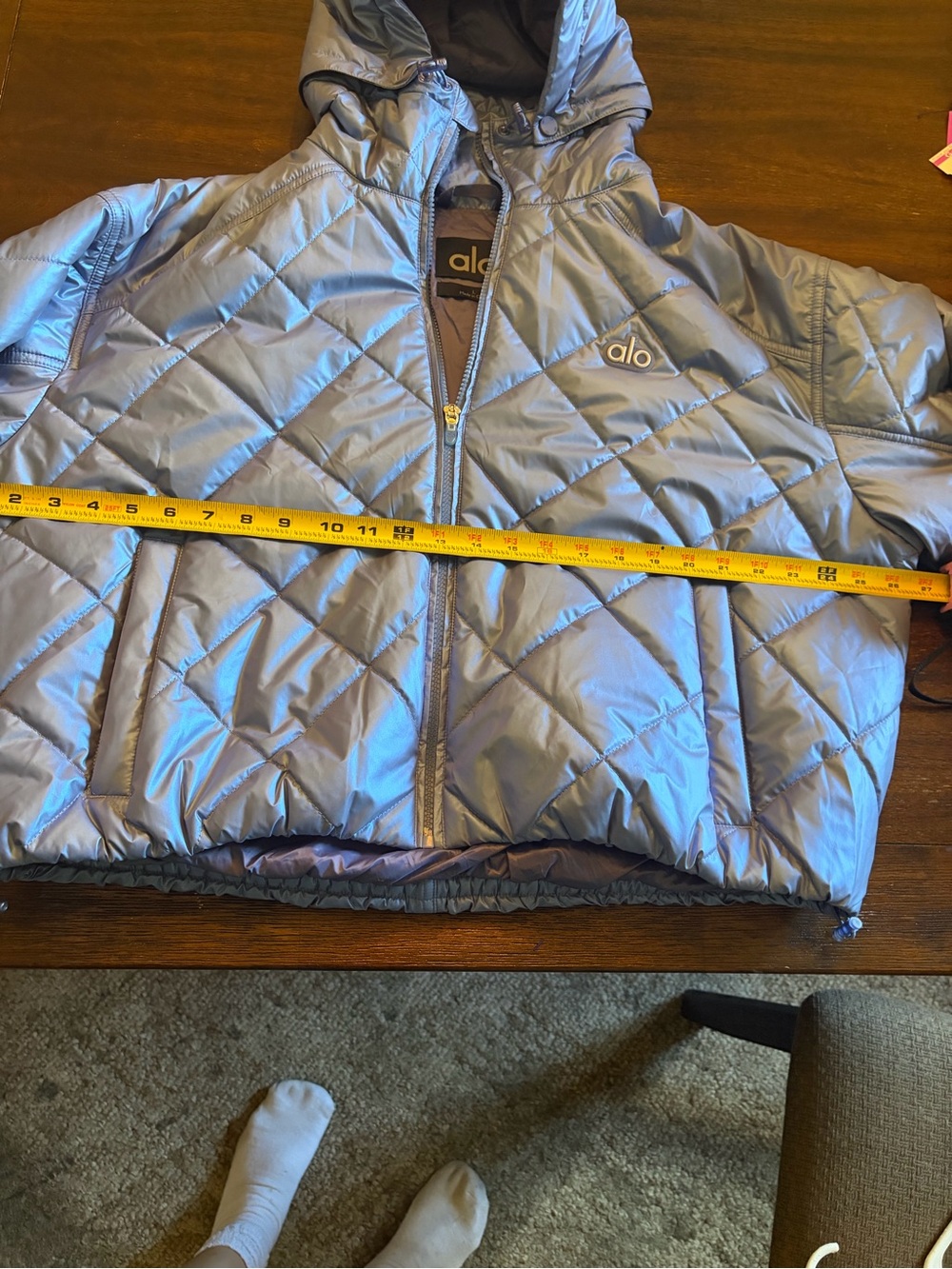 Alo Yoga Pearlized Pristine Stormy Puffer Jacket Blue Size L Cropped Hooded - Picture 7 of 8